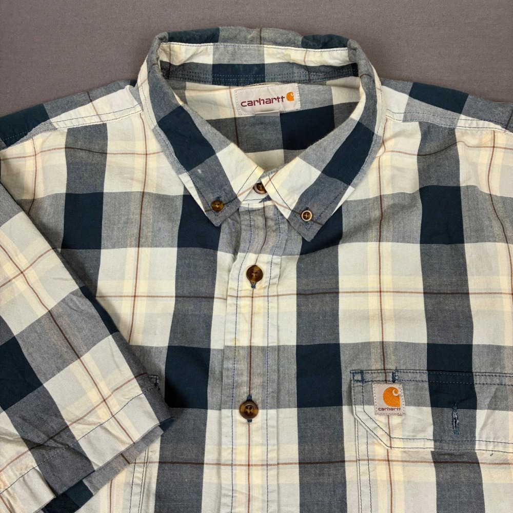 Carhartt Relaxed Short Sleeve Flannel Button Down Shirt Men's XXL White Blue